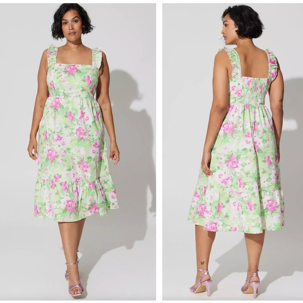 Torrid Mini Poplin Tiered Ruffle Strap Midi Dress Green‎ Pink Floral Size 00/M/L